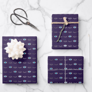 Purple & Silver Blue Evil Eye Lashes Nazar Mati  Wrapping Paper Sheet