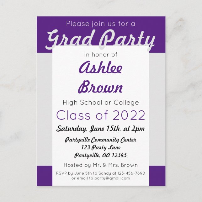 Purple Silver Bold Grad Party Graduation Invitation Postcard (Front)