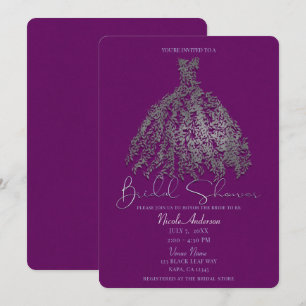Purple Silver Botanical Leaves Dress Bridal Shower Invitation