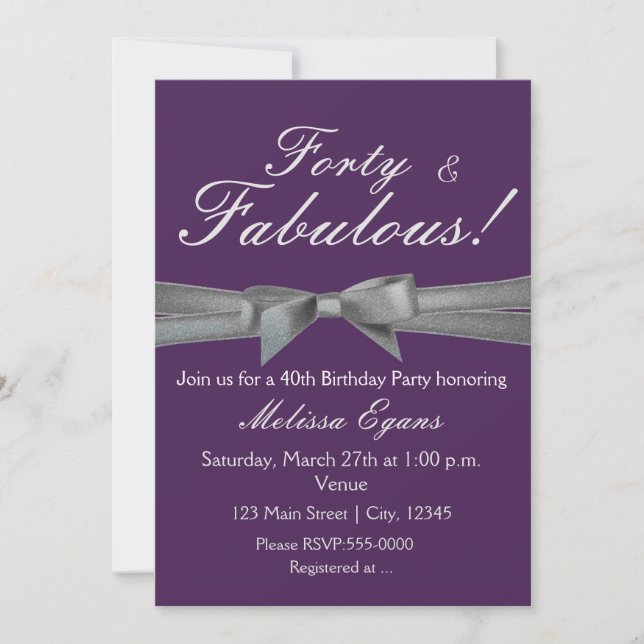 Purple & Silver Bow Party Event Invitation (Front)