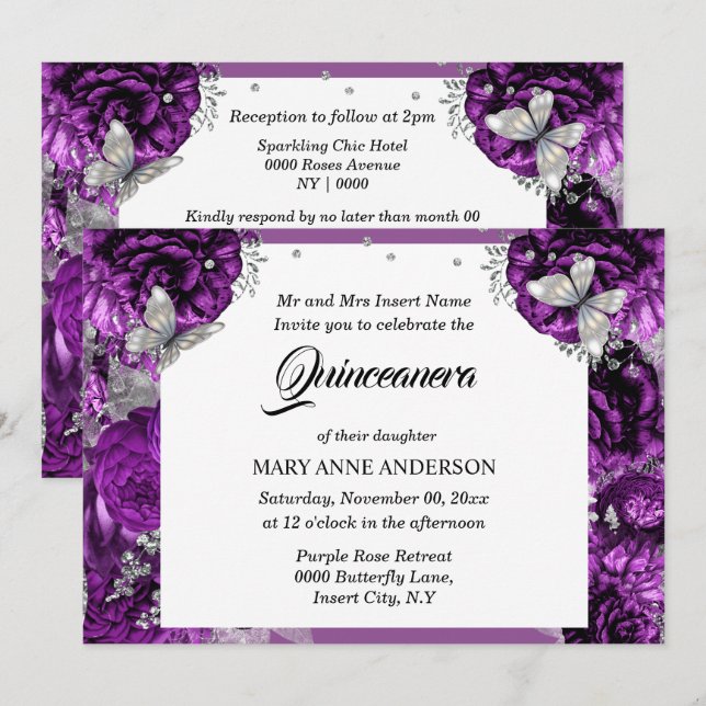 Purple silver butterfly elegant rose quinceanera  invitation (Front/Back)