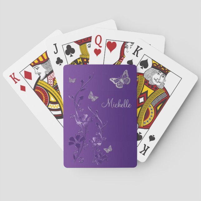 Purple Silver Butterfly Floral Playing Cards (Back)