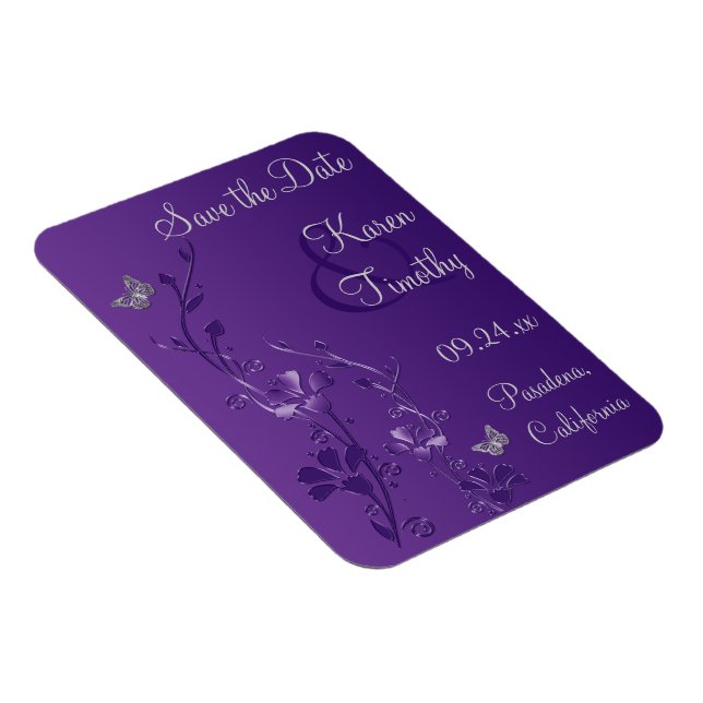 Purple, Silver Butterfly Floral Save Date Magnet (Right Side)