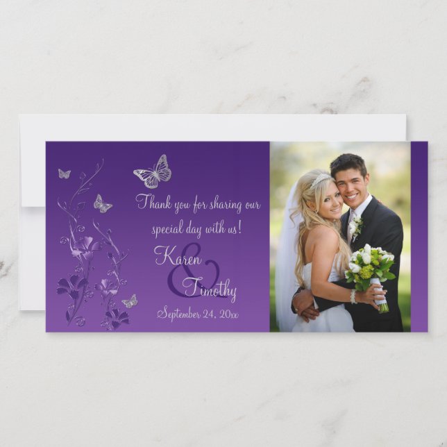 Purple, Silver Butterfly Floral Wedding Photo Card (Front)