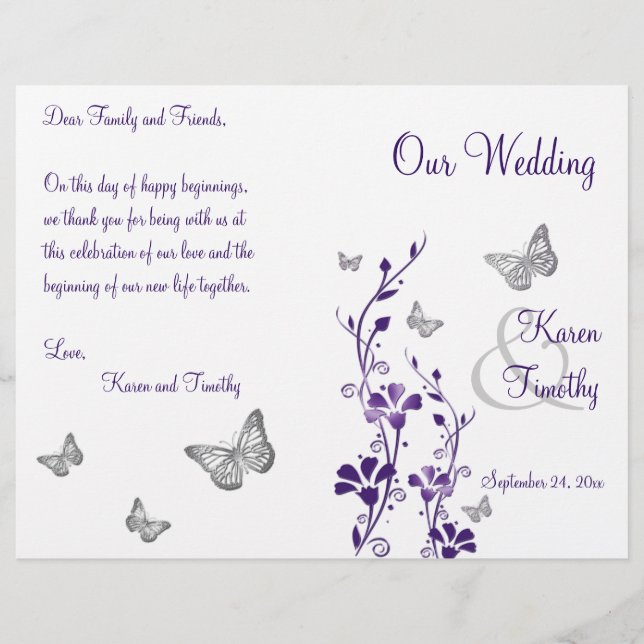 Purple Silver Butterfly Floral Wedding Program (Front)