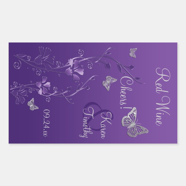 Purple, Silver Butterfly Floral Wine Label Sticker (Front)