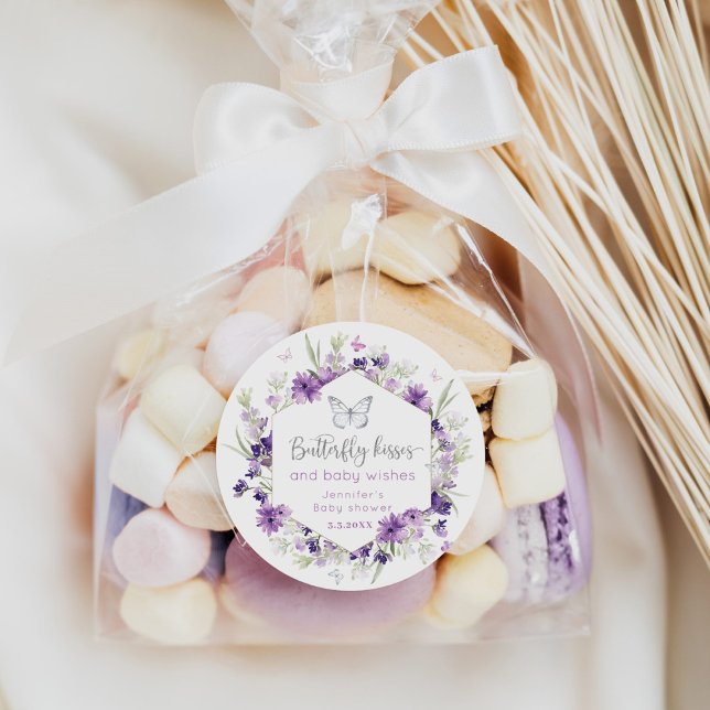 Purple silver Butterfly kisses baby shower Classic Round Sticker (Creator Uploaded)