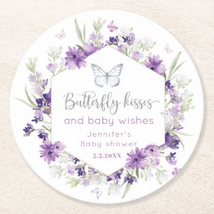 Purple silver Butterfly kisses baby shower Round Paper Coaster