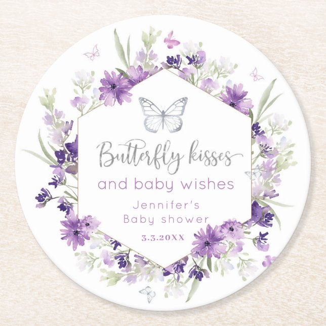 Purple silver Butterfly kisses baby shower Round Paper Coaster (Front)