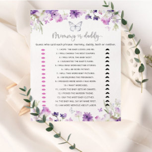 Purple silver butterfly mummy or daddy baby shower