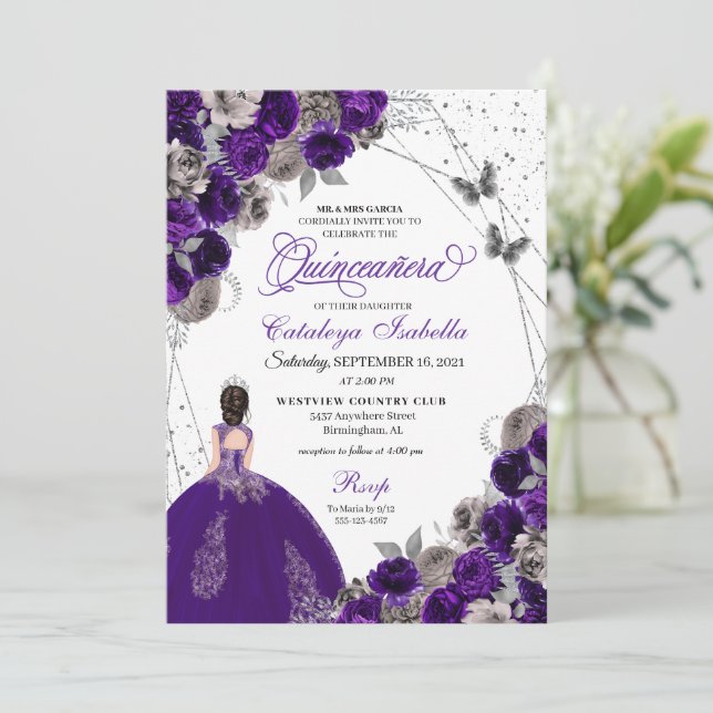 Purple & Silver Butterfly Princess Quinceanera Invitation (Standing Front)