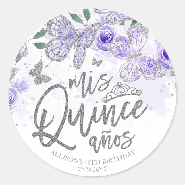 Purple Silver Butterfly Quinceanera Classic Round Sticker (Front)