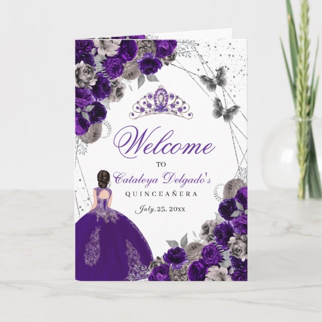 Purple Silver Butterfly Quinceanera Program Invitation (Front)