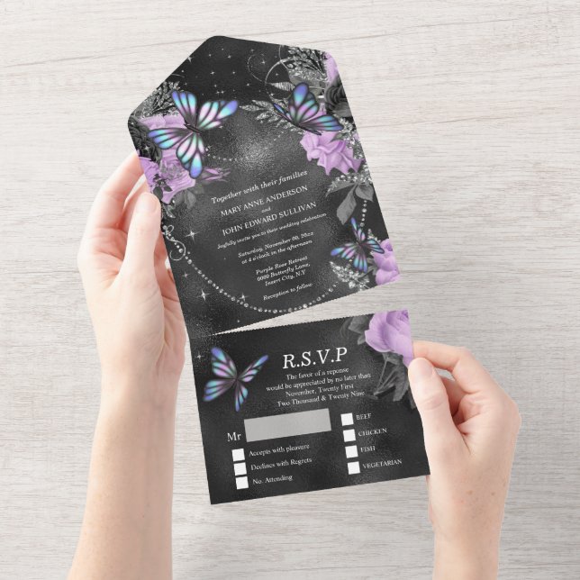 Purple silver butterfly shimmer black rose chic  all in one invitation (Tearaway)