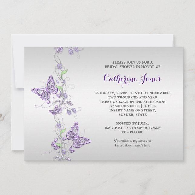 Purple silver butterfly swirl invitation (Front)