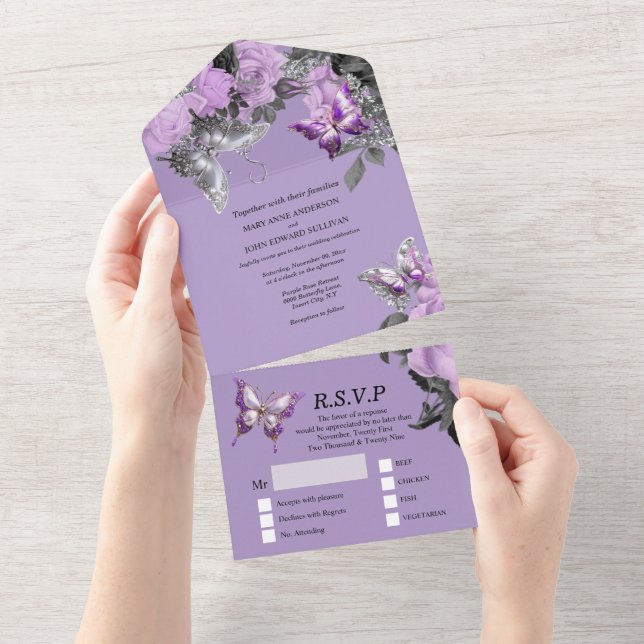 Purple silver butterfly wedding elegant summer  all in one invitation (Tearaway)