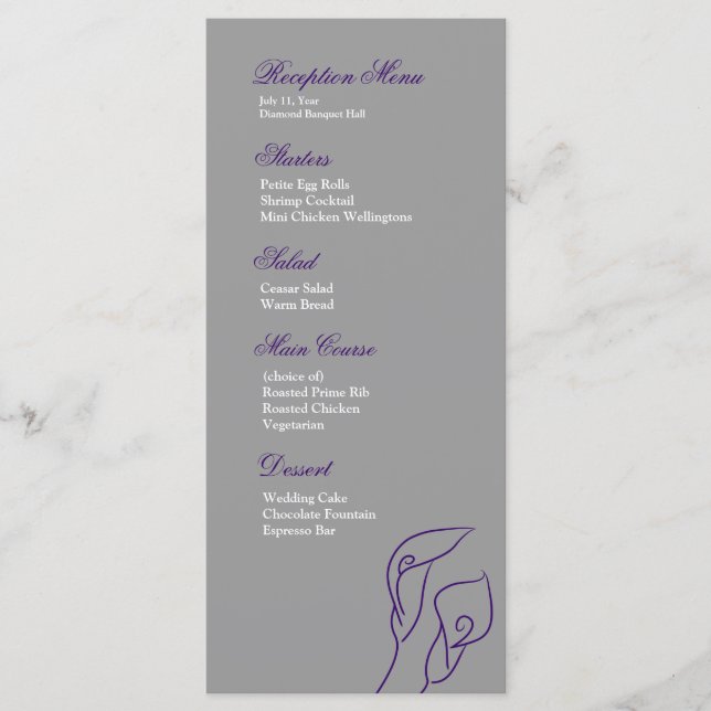 Purple & Silver Calla Lilies Reception Menu (Front)
