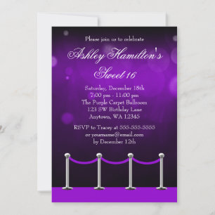 Purple Silver Carpet Hollywood Sweet 16 Birthday Invitation
