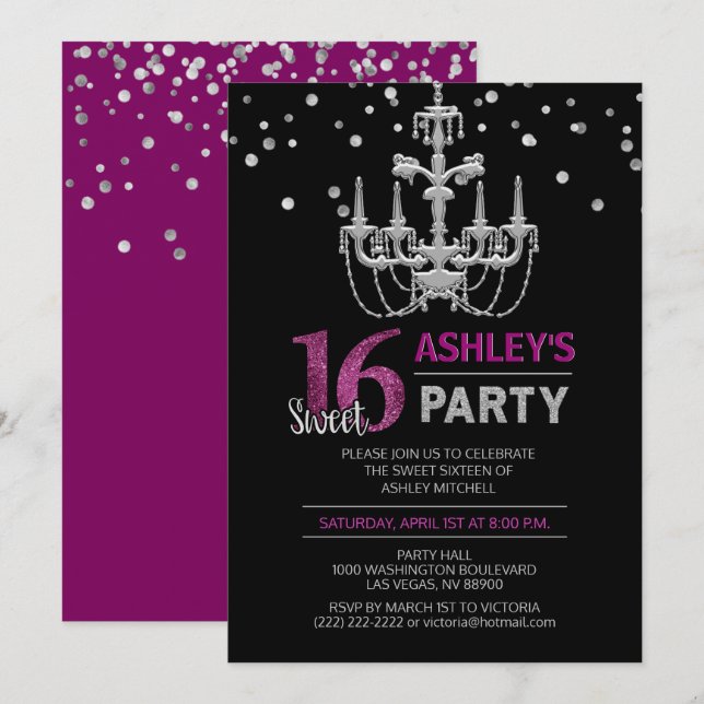 Purple Silver Chandelier SWEET SIXTEEN 16 Party Invitation (Front/Back)