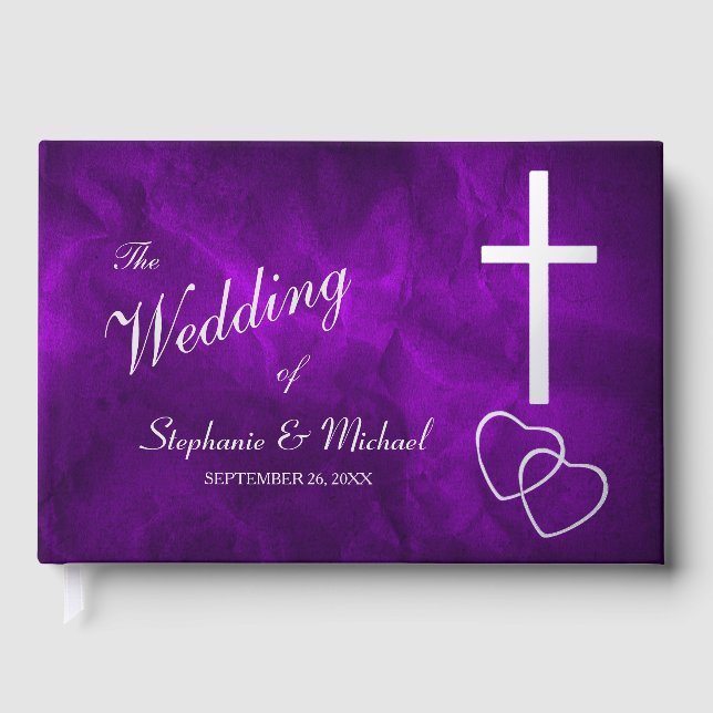 Purple Silver Christian Cross Hearts Wedding Guest Book (Front)