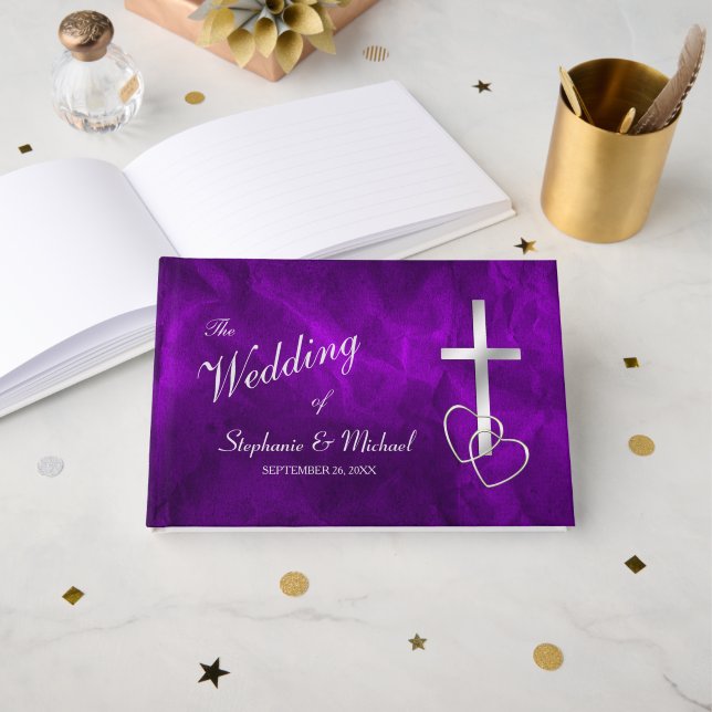 Purple Silver Christian Cross Wedding Guest Book (Front Open)