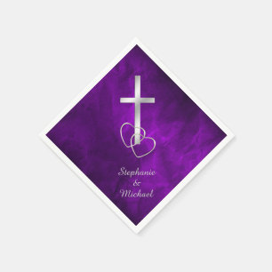 Purple Silver Christian Cross Wedding Napkin