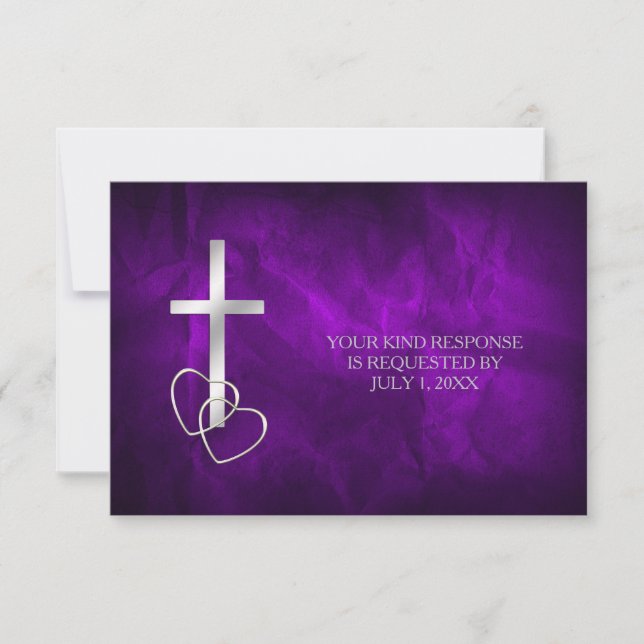 Purple Silver Christian Cross Wedding RSVP (Front)