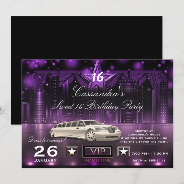 Purple & Silver City Lights Limo Birthday Party Invitation (Front/Back)