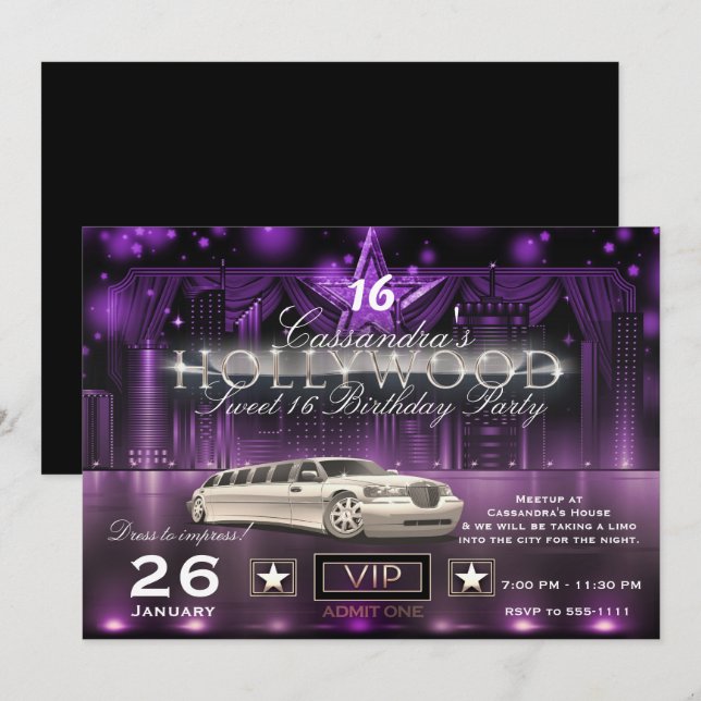 Purple & Silver City Lights Limo Hollywood Party Invitation (Front/Back)