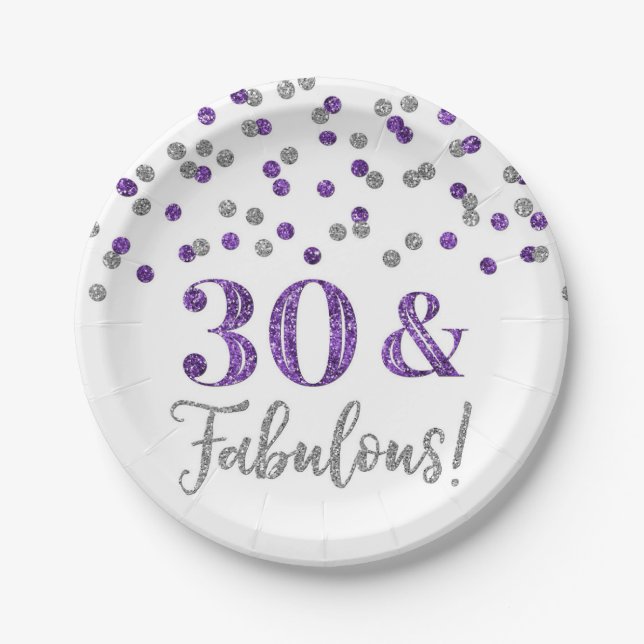 Purple Silver Confetti 30 and Fabulous Paper Plate (Front)
