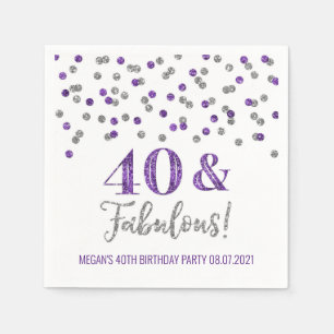 Purple Silver Confetti 40 & Fabulous Birthday Napkin