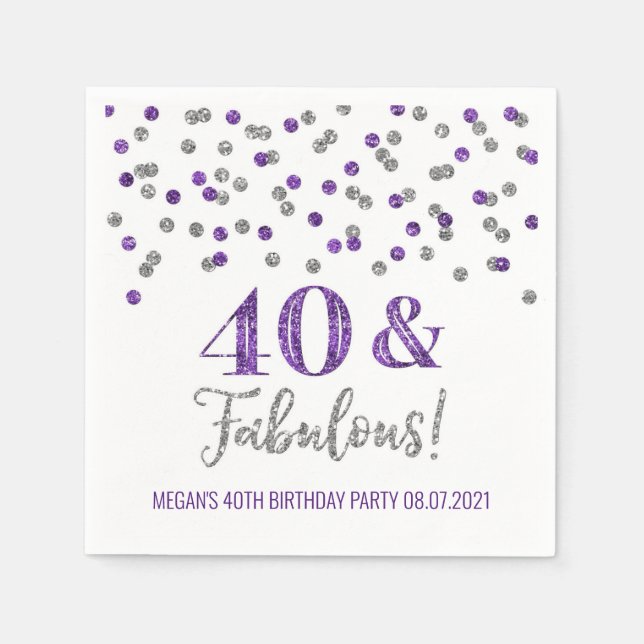 Purple Silver Confetti 40 & Fabulous Birthday Napkin (Front)
