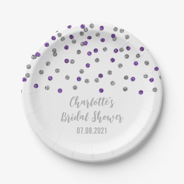 Purple Silver Confetti Bridal Shower Plate (Front)