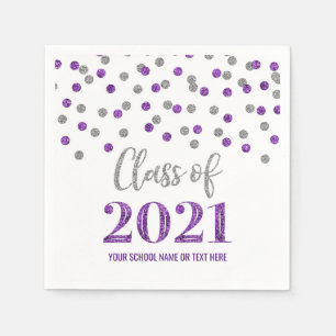 Purple Silver Confetti Class of 2021 Graduation Napkin