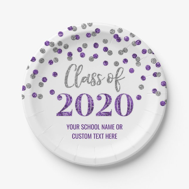 Purple Silver Confetti Graduation 2020 Paper Plate (Front)