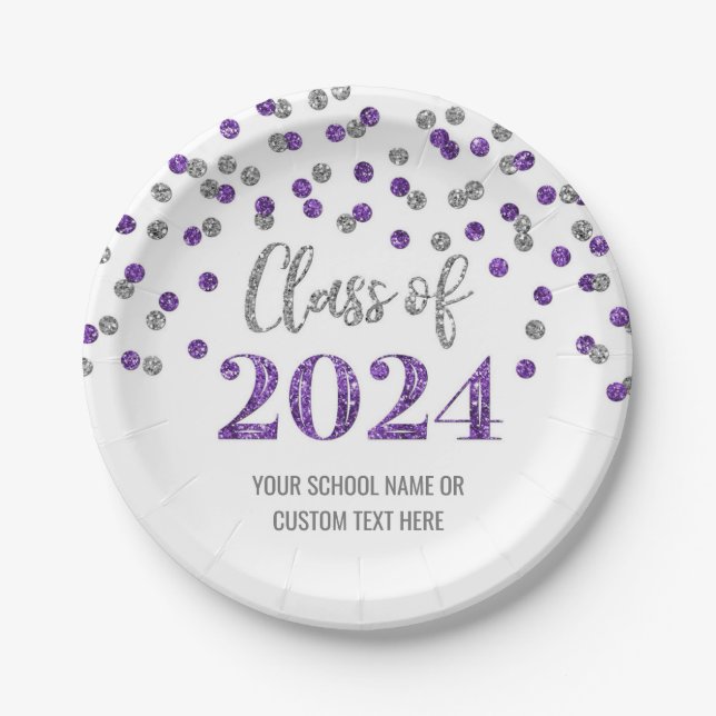 Purple Silver Confetti Graduation 2024 Paper Plate (Front)