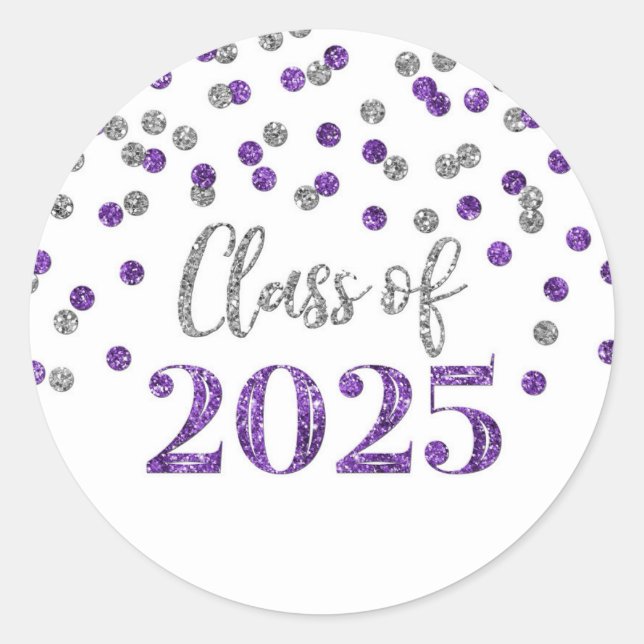 Purple Silver Confetti Graduation 2025 Classic Round Sticker (Front)