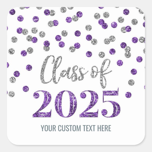 Purple Silver Confetti Graduation 2025  Square Sticker (Front)