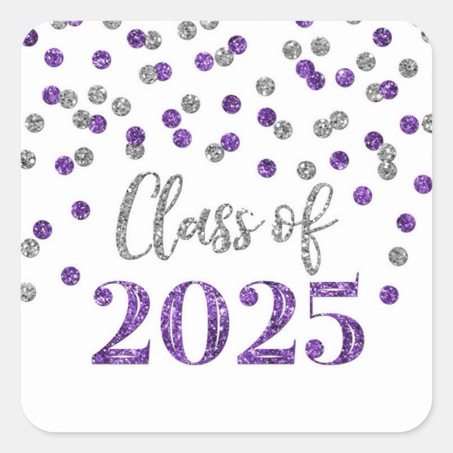 Purple Silver Confetti Graduation 2025 Square Sticker (Front)