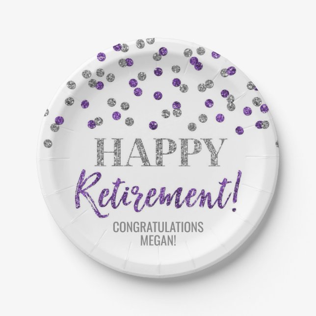 Purple Silver Confetti Happy Retirement Paper Plate (Front)