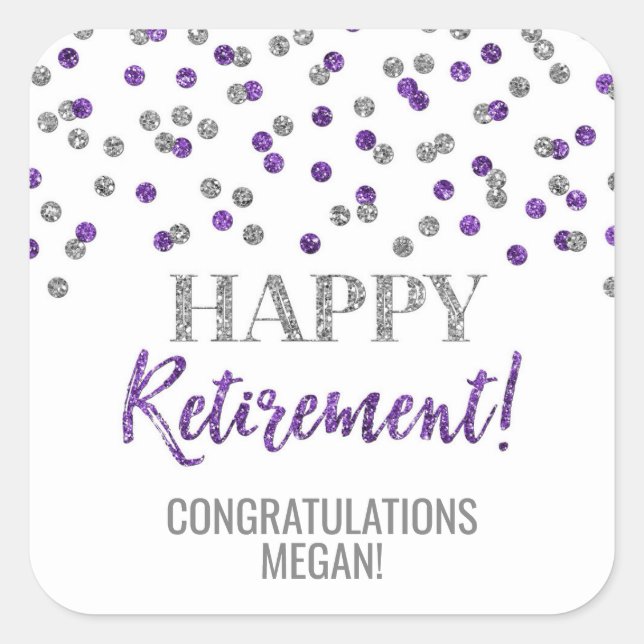 Purple Silver Confetti Happy Retirement Square Sticker (Front)