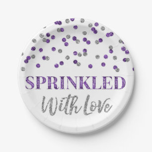 Purple Silver Confetti Sprinkled with Love Paper Plate