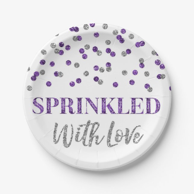 Purple Silver Confetti Sprinkled with Love Paper Plate (Front)