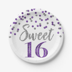 Purple Silver Confetti Sweet 16 Birthday Party Paper Plate