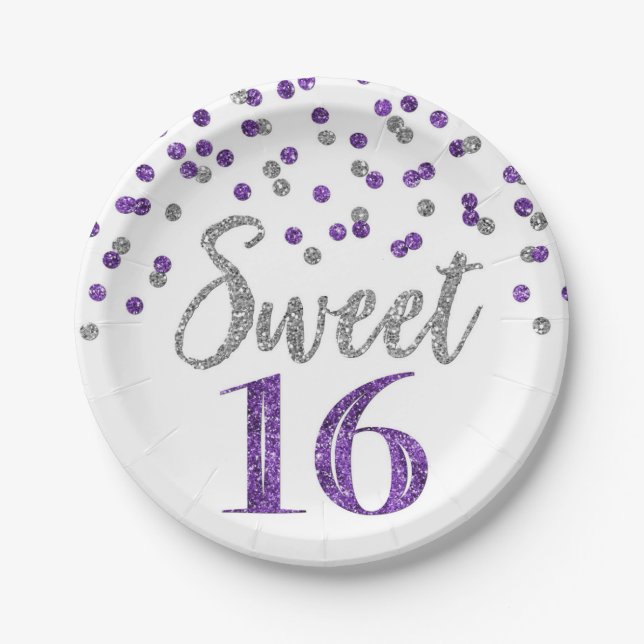 Purple Silver Confetti Sweet 16 Birthday Party Paper Plate (Front)