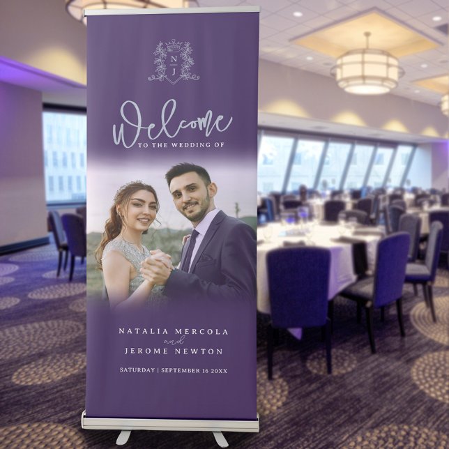 Purple silver crown monogram wedding photo retractable banner (Creator Uploaded)