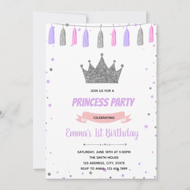 Purple silver crown princess birthday invitation (Front)