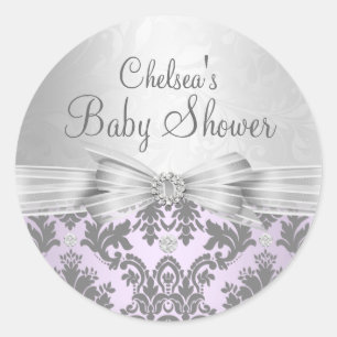 Purple & Silver Damask Baby Shower Sticker