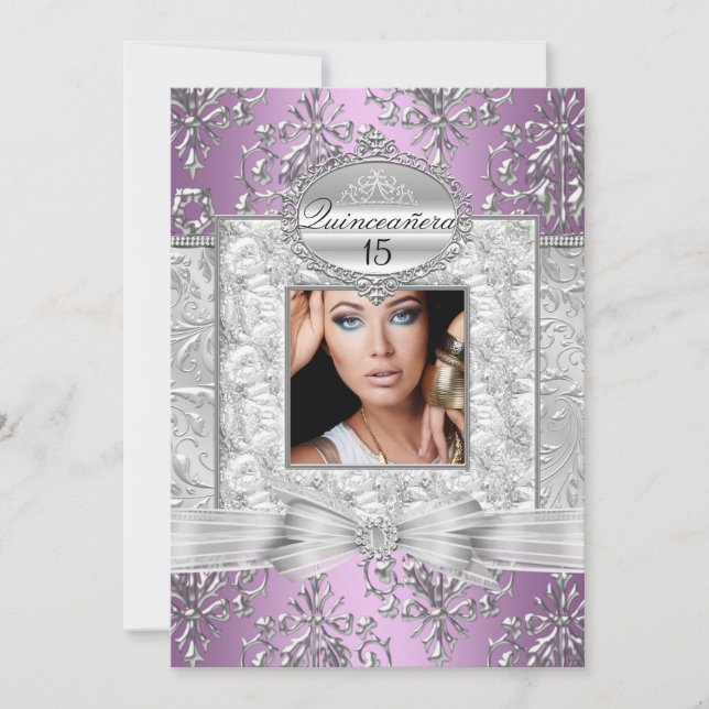Purple & Silver Damask Quinceanera Announcements (Front)