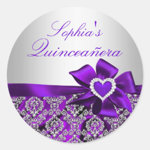 Purple & Silver Damask Quinceanera Sticker
